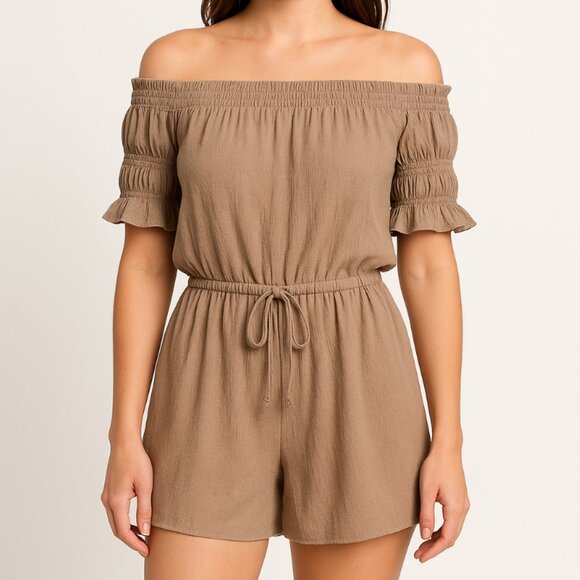 Lush | Off The Shoulder Belted Waist Chocolate Mousse Brown Romper | Size Small - Picture 1 of 9